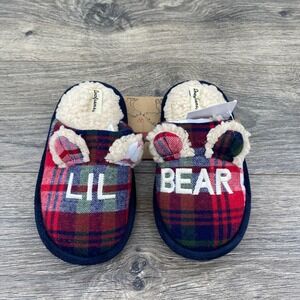 Lil‎ Bear Dearfoam Slippers Youth Size 9 - 10 Plaid Red Blue Cozy Comfort Sherpa